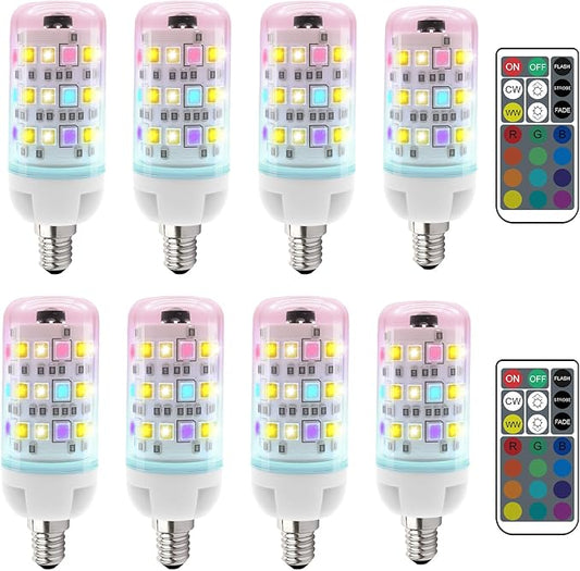 XRise E12 Color Changing Bulb with Remote Control, Dimmable 12 Colors+3000K+6000K, 2W LED E12 Candelabra Bulb 20W Incandescent Replacement, Memory Function, No Flicker, for Mooding Lighting, 8PACK