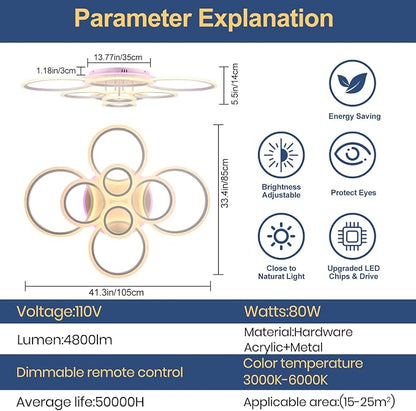 80W LED Ceiling Light, Dimmable 8-Ring Flush Mount Fixture, White | 41.3" Modern Ceiling Light with Remote, 4800LM, 3000K-6000K Tunable White & 3-Color Backlight for Living Room Bedroom Kitchen