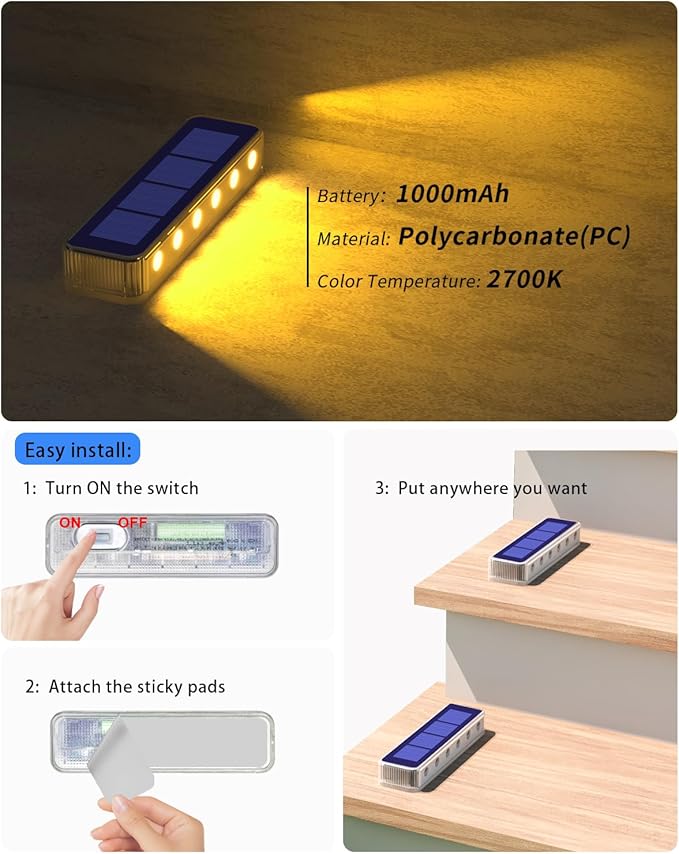 DetarZinLED Solar Step Lights for Outside,4 Pack Solar Stair Lights Outdoor Waterproof,Warm White Deck Light Solar Powered Waterproof for Steps,Stairs,Walkway,Sidewalk,Patio,Pathway