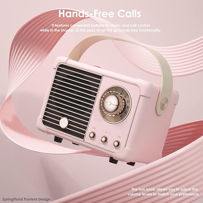 Retro Bluetooth Speaker, Portable Bluetooth Wireless Speaker, Hands-Free Call,400mA Battery,TF Card,Aux Line, for iPhone Android, Retro Decor for Home Office Birthday Gift Ideas Pink