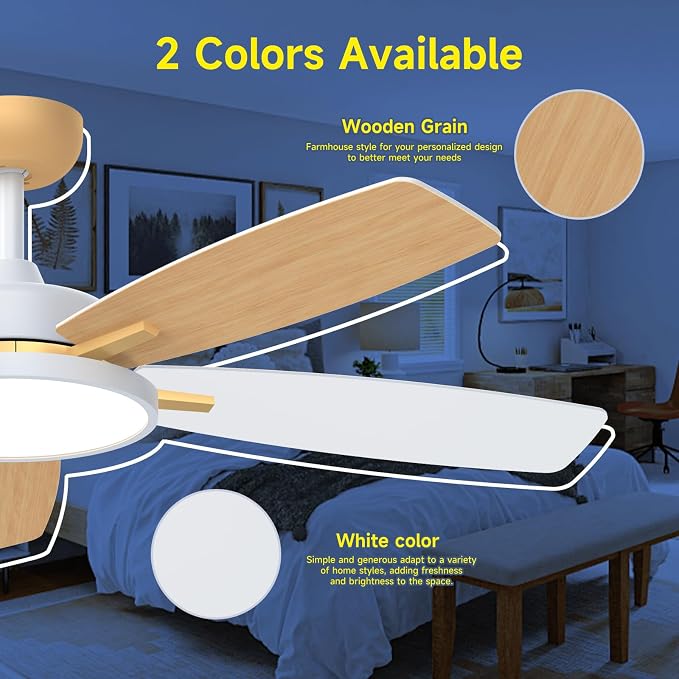 Roomratv 52 Inch Smart Ceiling Fan Compatible with App/Alexa/Google home | White Gold,Beep-Off Function,Ultra Quiet,Bright and Dimmable Led Light,Energy saving,Reversible,Remote Control