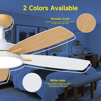Roomratv 52 Inch Smart Ceiling Fan Compatible with App/Alexa/Google home | White Gold,Beep-Off Function,Ultra Quiet,Bright and Dimmable Led Light,Energy saving,Reversible,Remote Control