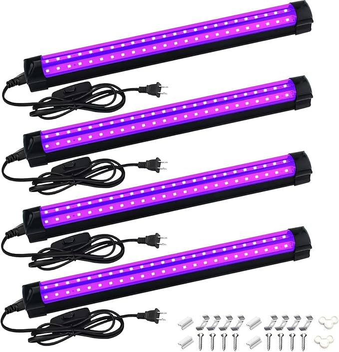 4 Pack 10W 48 LED Black Light Bars 1Ft 395-400nm UV Blacklight Tube with 5.9Ft Cord+Plug+Switch Linkable Black Light Fixtures for Bedroom Fluorescent Poster Body Paint Halloween Glow Party