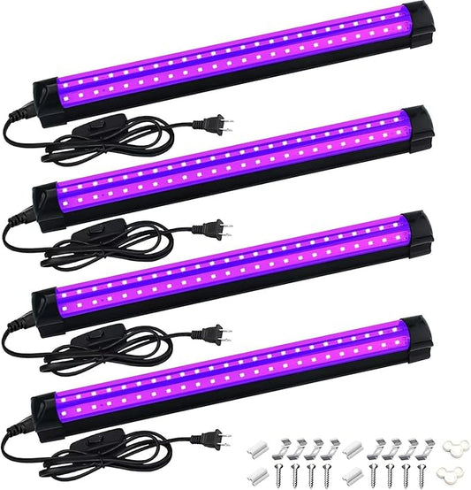 4 Pack 10W 48 LED Black Light Bars 1Ft 395-400nm UV Blacklight Tube with 5.9Ft Cord+Plug+Switch Linkable Black Light Fixtures for Bedroom Fluorescent Poster Body Paint Halloween Glow Party
