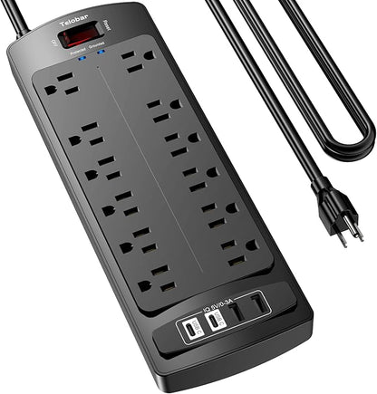 10 Ft Extension Cord Power Strip, Teiobar Surge Protector with 12 AC Outlets and 4 USB Ports for Home, Office, Dorm Essentials, 1875W/15A, 2700 Joules, ETL Listed, Black