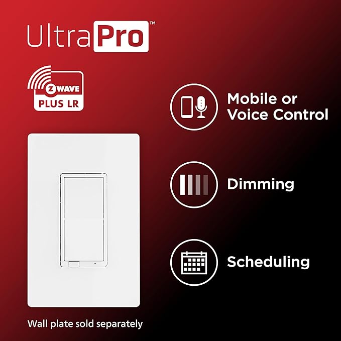 UltraPro Z-Wave Plus Long Range in-Wall Smart Dimmer for Smart Home Automation, 1 Pack, Plastic Yoke, Flying Leads, Single-Pole/3-Way, Hub Required, 76602