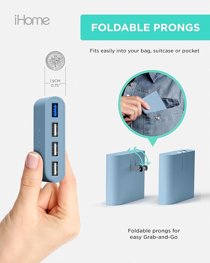 iHome Slim 4-Port USB Wall Charger, Flat Multiport Travel Plug Adapter | Foldable Prongs, 2.4A Rapid Charge Port, Charges iPhone, Android, iPad, AirPods, Travel-Friendly, Charging Block for Home Use