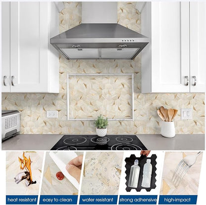 Hexagon Peel and Stick Backsplash for Kitchen Wall, 10 Sheets Heat Resistant Stick on Backsplash PVC Smart Tiles, 12'' Beige Marble Waterproof Peel and Stick Wall Tiles for Bathroom
