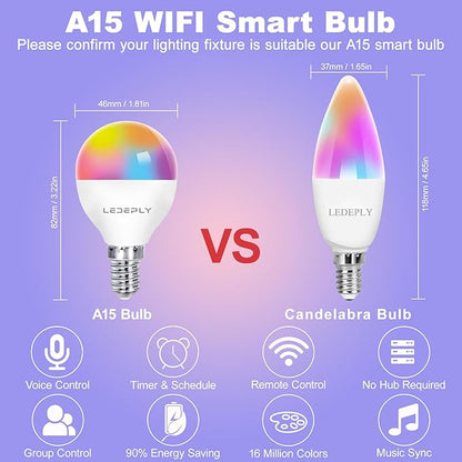 A15 LED Smart Bulb, 5W=40W,Compatible with Alexa Google Assistant, E12 Base, G45 Ceiling Fan Light Bulbs, 2.4G WiFi ONLY, 4 Pack