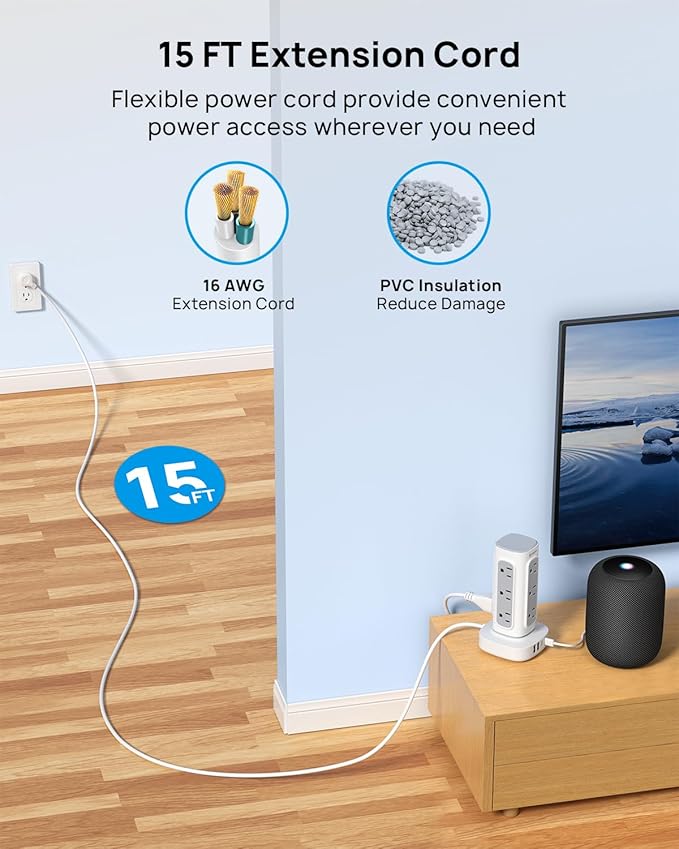 TROND Surge Protector Power Strip Tower - 15ft Flat Plug Extension Cord with Multiple Outlets, 4 USB Ports, Vertical Charging Station, 1700 J, Home Office Desk Supplies, Dorm Room Essentials, White