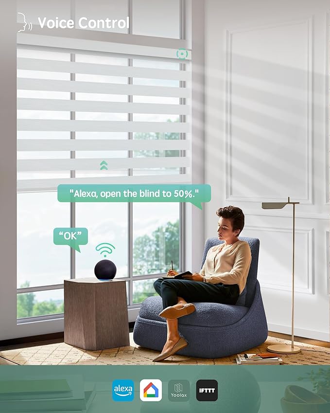 Yoolax Motorized Blinds with Remote, Motorized Zebra Shades Compatible with Alexa, Privacy Motorized Blinds, Zebra Shades for Windows Custom Size(V-Shimmer Layer White)