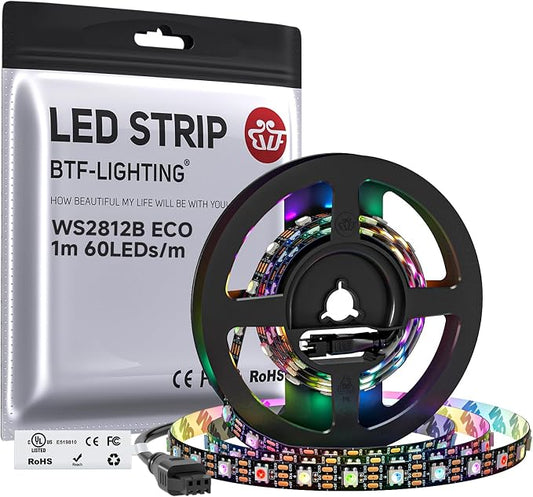 BTF-LIGHTING WS2812B ECO RGB LED Strip,UL Listed,Individually Addressable,3.28FT 60LED/m 60Pixel DC5V 5050SMD,Alloy Wire Flexible 3M Tape for DIY Chasing Color Project IP30(No Adapter or Controller)