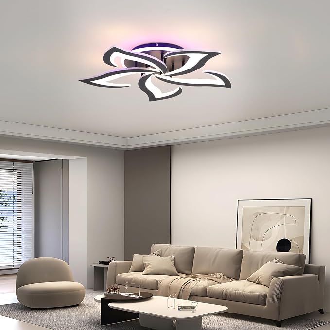 Modern LED Ceiling Light 50W, Dimmable 5-Petal Flush Mount, Black | 23.6" Flower Ceiling Light with Remote, 3000LM, 3000K-6000K, Modern Light Fixture for Bedroom Living Room Dining Room