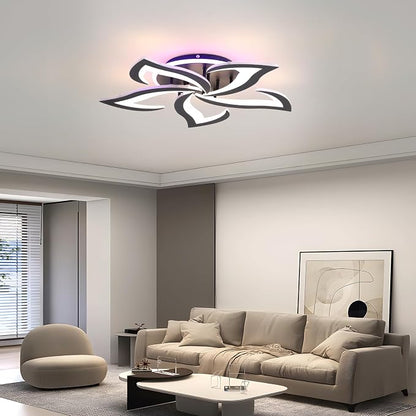 Modern LED Ceiling Light 50W, Dimmable 5-Petal Flush Mount, Black | 23.6" Flower Ceiling Light with Remote, 3000LM, 3000K-6000K, Modern Light Fixture for Bedroom Living Room Dining Room