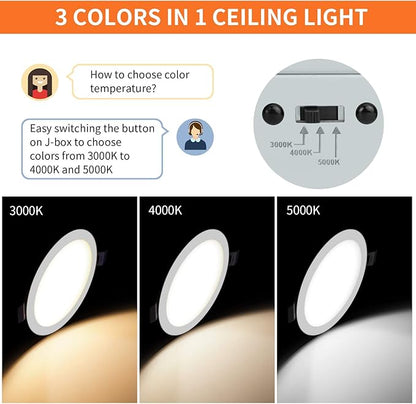 Meconard 6 Pack 4 Inch LED Recessed Ceiling Light with Junction Box, 3000K/4000K/5000K Selectable, 9W=75W 750LM, Dimmable Canless Downlights, ETL and Energy Star Listed