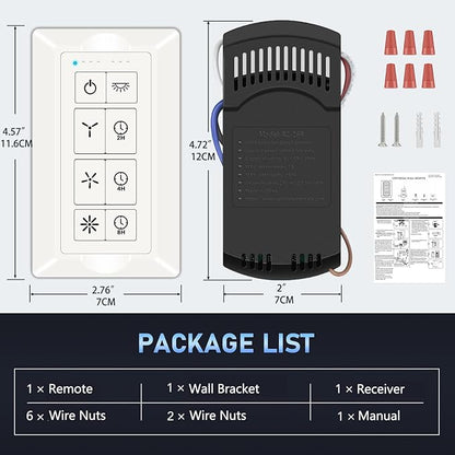 Ceiling Fan Remote Control Kit & Dimmer Switch, Adjustable 3-Speed Fan & Brightness Control & 2/4/8H Timing, Compatible with Hampton Bay Harbor Breeze Hunter, No in-Wall Wiring, White