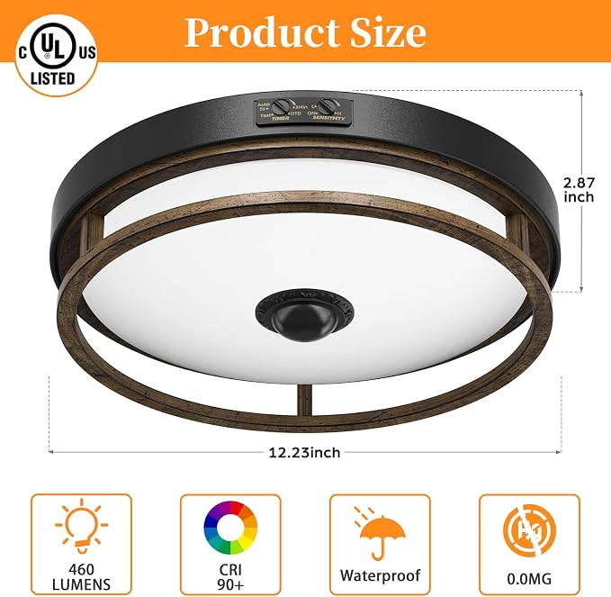 2Pack 12" LED Motion Sensor Outdoor Ceiling Light for Porch, Brown