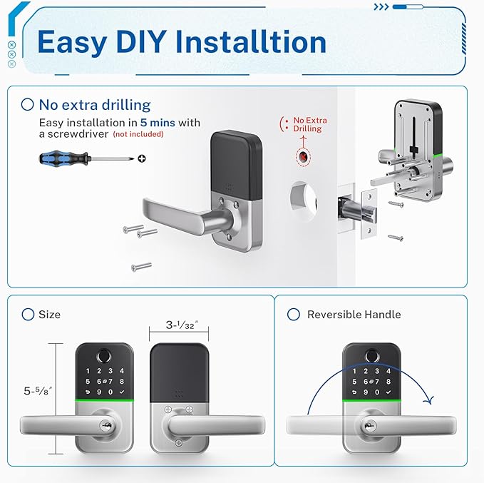 Keypad Smart Door Lock with Handle: Kucacci Keyless Entry Door Lock - Smart Lock for Front Door - Electronic Door Lock with Keypad for Exterior Door - Deadbolt Lever Alternative - Easy Installation
