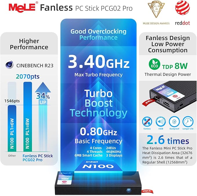 MeLE PCG02 Pro Fanless N100 Mini PC Stick 8GB LPDDR4x 256GB eMMC Win11pro Slim Micro Computer Stick Dual HDMI 4K Display WiFi 5 BT5.1 GbE, Support PD3.0 Protocol, on IoT, Digital Signage, MES, WMS