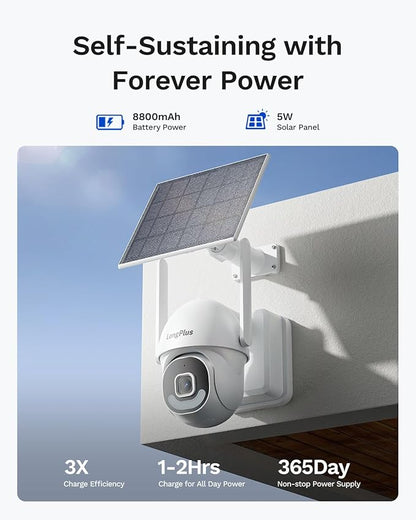LongPlus 5MP Security Camera System Wireless Outdoor, No Subscription, Solar-Powered, WiFi Home Security Camera System with 360 ° Pan & Tilt, AOR Tech 24-7 Recording, Expandable 8CH, 2 Cam-Kit