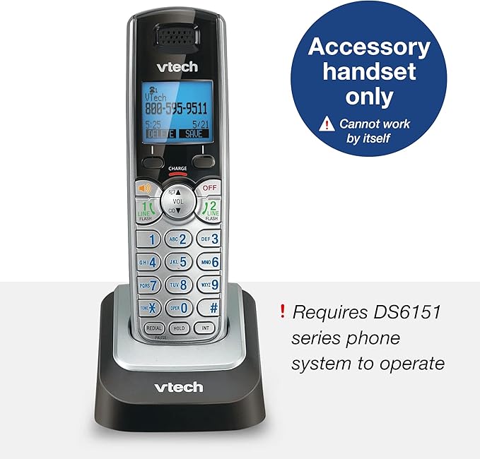 VTech Accessory Handset for DS6151 Series with 2-Line Cordless Phone, Suitable for Small Business or Home, Answering System, Expandable up to 12 Handsets, Intercom, Conference | DS6101 (Black/Silver)