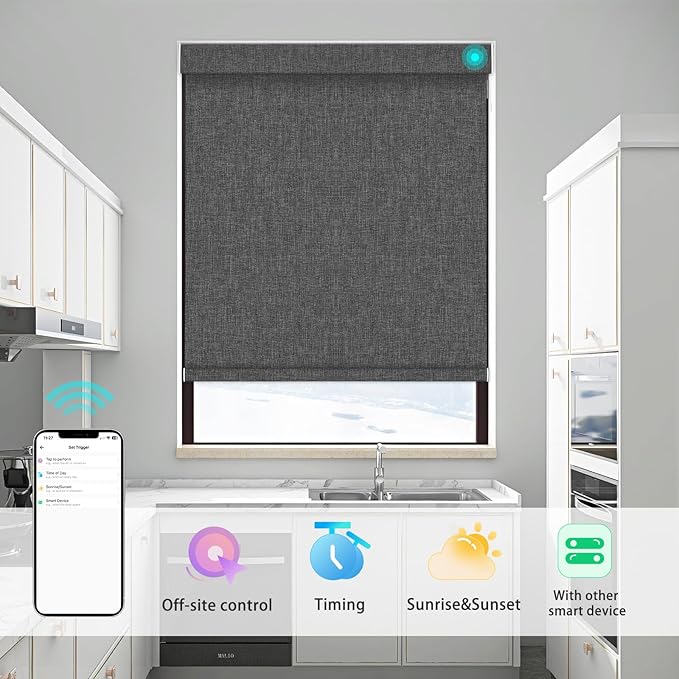 Changshade Smart Roller Shade with Remote Control Blackout Automatic Window Shades for Home Custom Size Motorized Blinds for Windows Compatible with Alexa,Google Home,Apple Homekit, Charcoal Grey
