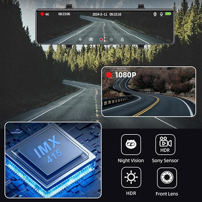 3 Channel Mirror Dash Cam, Aprilboy 12" Triple Rear View Mirror with Front 4K, Inside and Rear 1080P Cameras with 5.8GHz WiFi, G-Sensor, Night Vision, Reverse Assist, Parking Monitoring