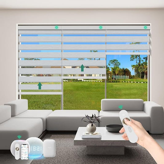 Motorized Zebra Blinds with Remote [Dual Layer + Light Filtering] 90% Blackout Smart Shades for Indoor Windows, Alexa Google and HomeKit Compatible, Customized Size, Shadow Mist