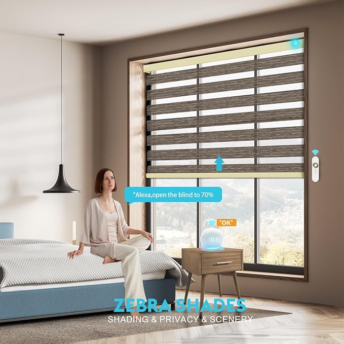 Motorized Zebra Blinds with Remote, Work with HomeKit Alexa, Smart Light Filtering Horizontal Automatic Electric Window Shades for Home Office Customsize(80% Blackout Oceanwave Brown)