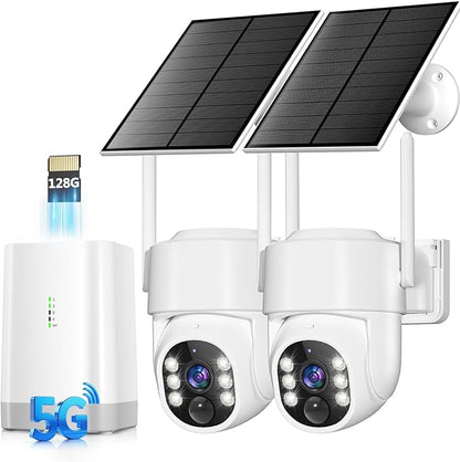 Security Cameras Wireless Outdoor 5G& 2.4G, No Subscription, 2 Cam-Kit,4MP Solar Powered Home Security Cameras System With 360°PTZ,128GB Local Storage,Color Night Vision WiFi Cameras for Home Security