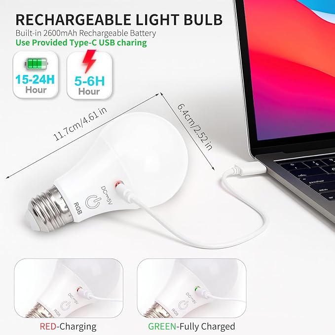 FRIDEKO HOME Rechargeable Light Bulbs - 2600mAh E26 Battery Operated Dimmable Lightbulb with USB-C Charging for Lamps | Touch Control | Timer Function - 1 Pack Portable Camping Emergency Light
