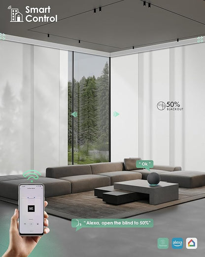 Yoolax Custom XL Smart Sliding Door Blinds, Motorized Sliding Panel Blinds Compatible with Alexa, Light Filtering Vertical Blinds for Glass Doors, Patio Doors, Closet Doors, Half Shading Pure White