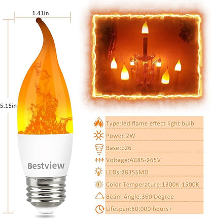 Bestview LED Flame Effect Light Bulbs,3 Modes Smart E26 Chandelier Base Flickering Candle Fire Light Bulb for Halloween, Christmas, Party, Porch, Indoor&Outdoor Home Decoration (6 Pack)