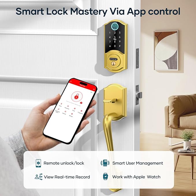 SMONET Smart Lock Front Door with Handle, Keyless Entry Door Lock Set, Fingerprint Smart Deadbolt with App Bluetooth, Electronic Keypad Auto Lock Compatible with Alexa, Gold