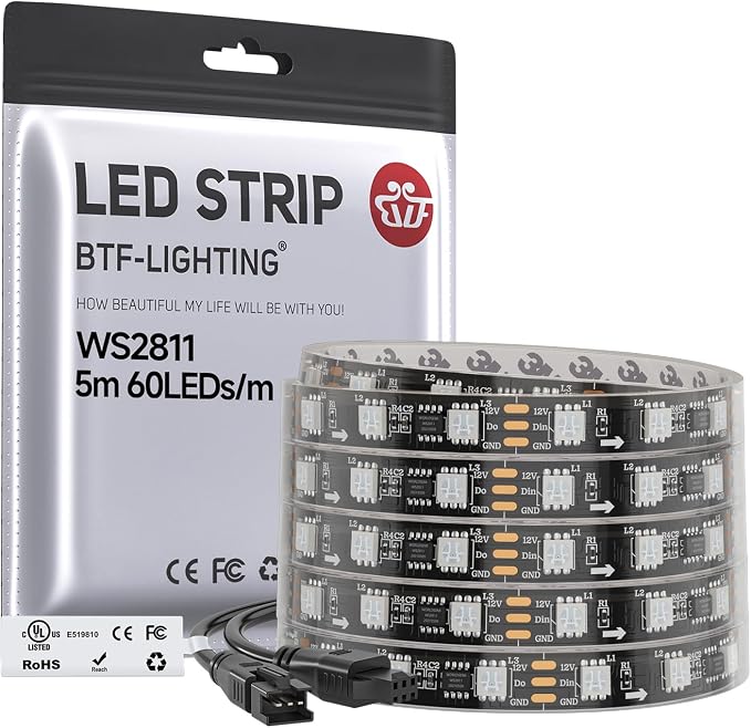 BTF-LIGHTING WS2811 Addressable RGB LED Strip 16.4FT 300LED DC12V IP67 | 100Pixels IC=RGB+IC UL Listed Black PCB Flexible Chasing Effect for Indoor Home Decor(No Adapter or Controller)