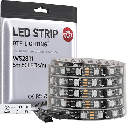 BTF-LIGHTING WS2811 Addressable RGB LED Strip 16.4FT 300LED DC12V IP67 | 100Pixels IC=RGB+IC UL Listed Black PCB Flexible Chasing Effect for Indoor Home Decor(No Adapter or Controller)