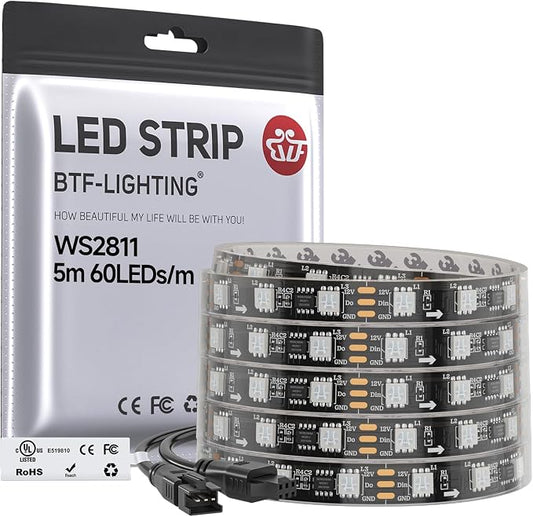 BTF-LIGHTING WS2811 Addressable RGB LED Strip 16.4FT 300LED DC12V IP67 | 100Pixels IC=RGB+IC UL Listed Black PCB Flexible Chasing Effect for Indoor Home Decor(No Adapter or Controller)