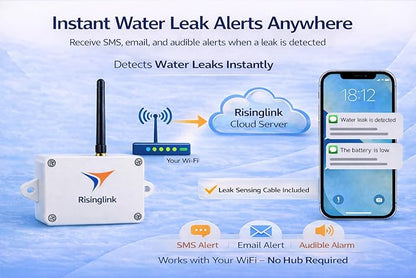 WiFi Water Leak Detector with 6.5 ft Sensing Cable, Whole-Area Leak Detection, Text Message, Email & Audible Alerts, Battery Powered