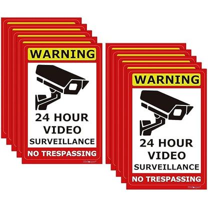 Wisdompro 10 Pack 24 Hour Video Surveillance Sign, CCTV Security Camera Sign, 4 x 6 Inch No Trespassing Warning Sticker, Indoor or Outdoor Use for Home, Business - UV Protected & Waterproof
