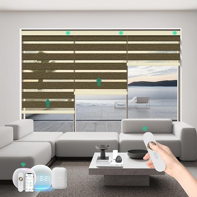 Motorized Zebra Blinds with Remote, Work with HomeKit Alexa Automatic Electric Window Shades 95% Blackout Light Filtering for Smart Home and Office, Customized Size Luxury Brown
