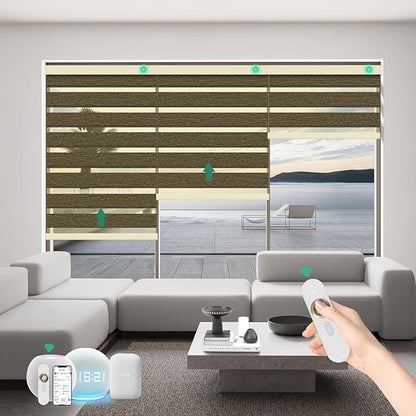 Motorized Zebra Blinds with Remote, Work with HomeKit Alexa Automatic Electric Window Shades 95% Blackout Light Filtering for Smart Home and Office, Customized Size Luxury Brown