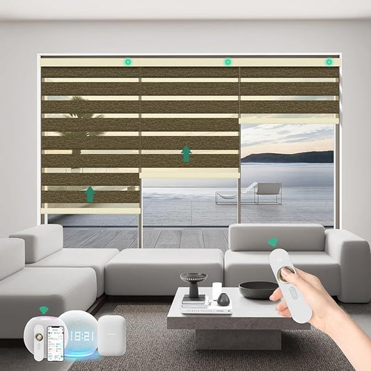 Motorized Zebra Blinds with Remote, Work with HomeKit Alexa Automatic Electric Window Shades 95% Blackout Light Filtering for Smart Home and Office, Customized Size Luxury Brown