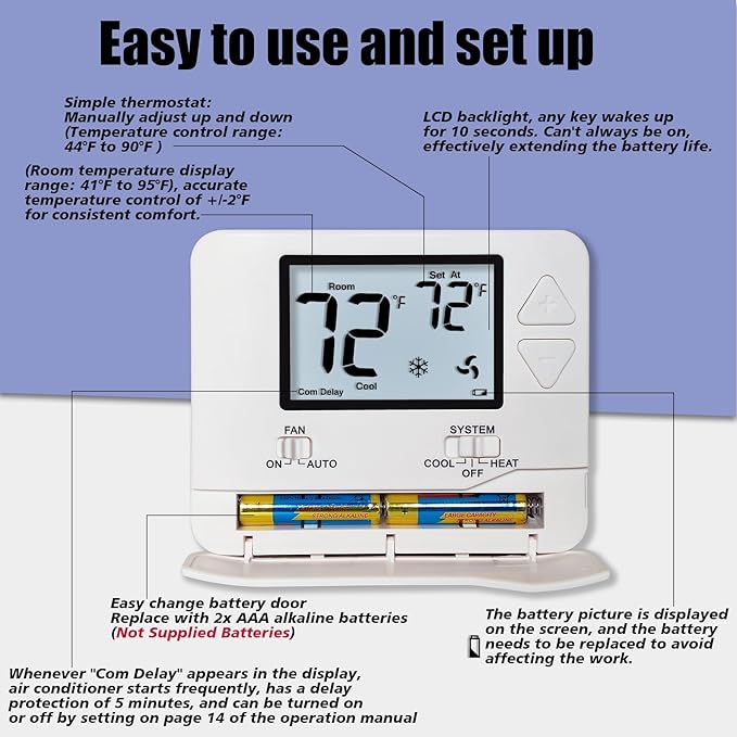 Heagstat Non-Programmable Thermostats for Home Conventional Single-Stage Systems, up to 1 Heat/ 1 Cool (with White Backlight)