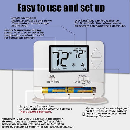 Heagstat Non-Programmable Thermostats for Home Conventional Single-Stage Systems, up to 1 Heat/ 1 Cool (with White Backlight)