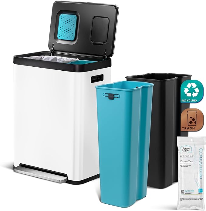 Home Zone Living 19 Gallon Kitchen Trash Can with Dual Compartments for Recycling, CleanAura Odor Control, Stainless Steel, Matte White, 70 Liters Total