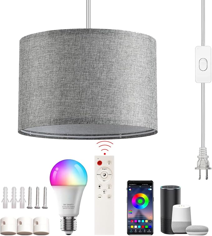 Plug in Hanging Lamp with RGB Smart Bulb Plug-in Cord Pendant Light with 15ft Cord Fixture Pendant Lights for Bedroom Kitchen Living Room Dining Room