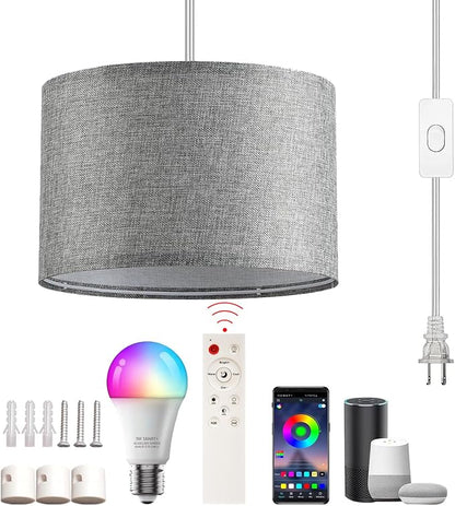 Plug in Hanging Lamp with RGB Smart Bulb Plug-in Cord Pendant Light with 15ft Cord Fixture Pendant Lights for Bedroom Kitchen Living Room Dining Room