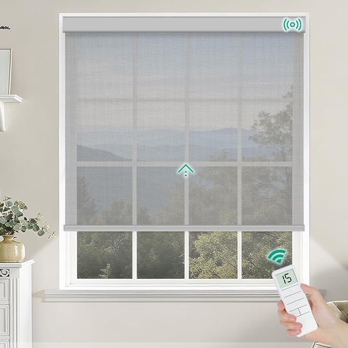 Motorized Roller Shades, Light Filtering Remote Control Custom Window Shades Compatible with Alexa Google Assistant via RF Hub, Rechargeable Electric Blinds for Windows (Fireproof Grey)