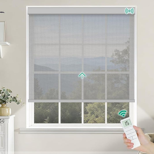 Motorized Roller Shades, Light Filtering Remote Control Custom Window Shades Compatible with Alexa Google Assistant via RF Hub, Rechargeable Electric Blinds for Windows (Fireproof Grey)
