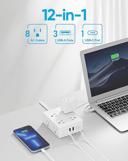 Surge Protector Power Strip 15 ft Cord, Olcorife Ultra Thin Flat Plug Extension Cord, 8 Outlets 4 USB Ports(1 USB C), Flat Plug Outlet Extender, College Dorm Room Essentials, White